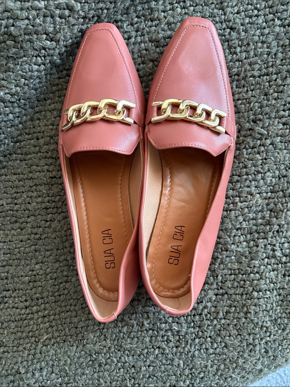 Pink Leather Chain-Trim Loafers
